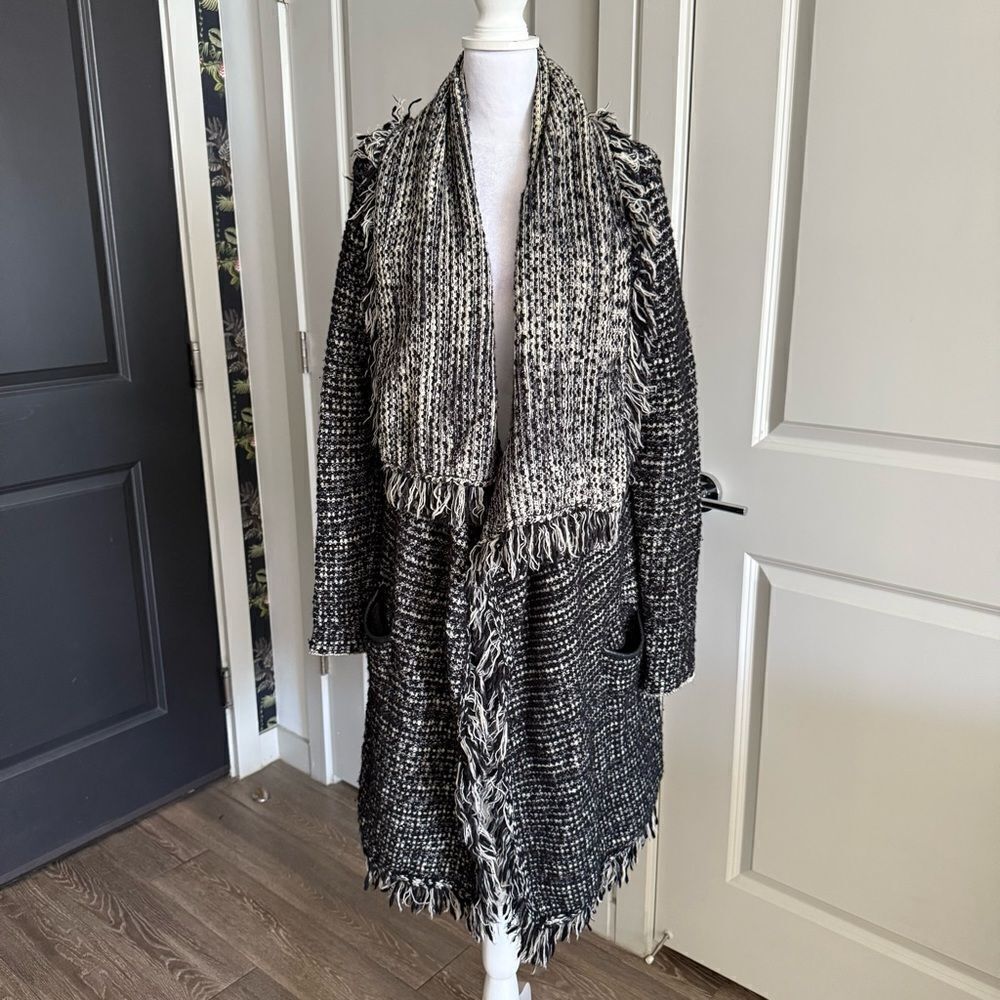 Vince Black Neutral Wool Tweed Open Draped Cardigan Duster Size S